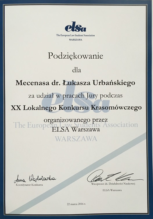 Podziekowanie ELSA dla mec. dr. Urbanskiego